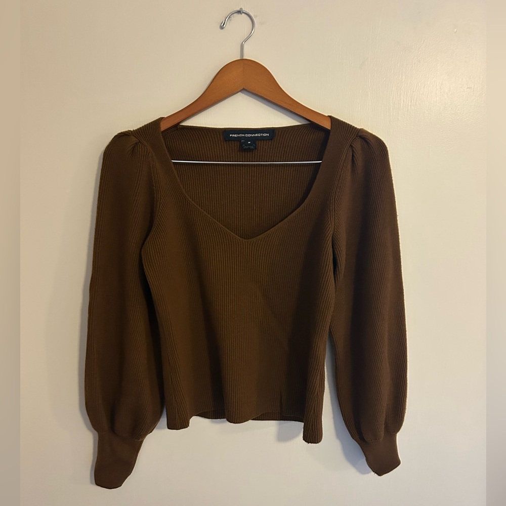 French Connection Brown Ribbed V-Neck Puff Sleeve Sweater